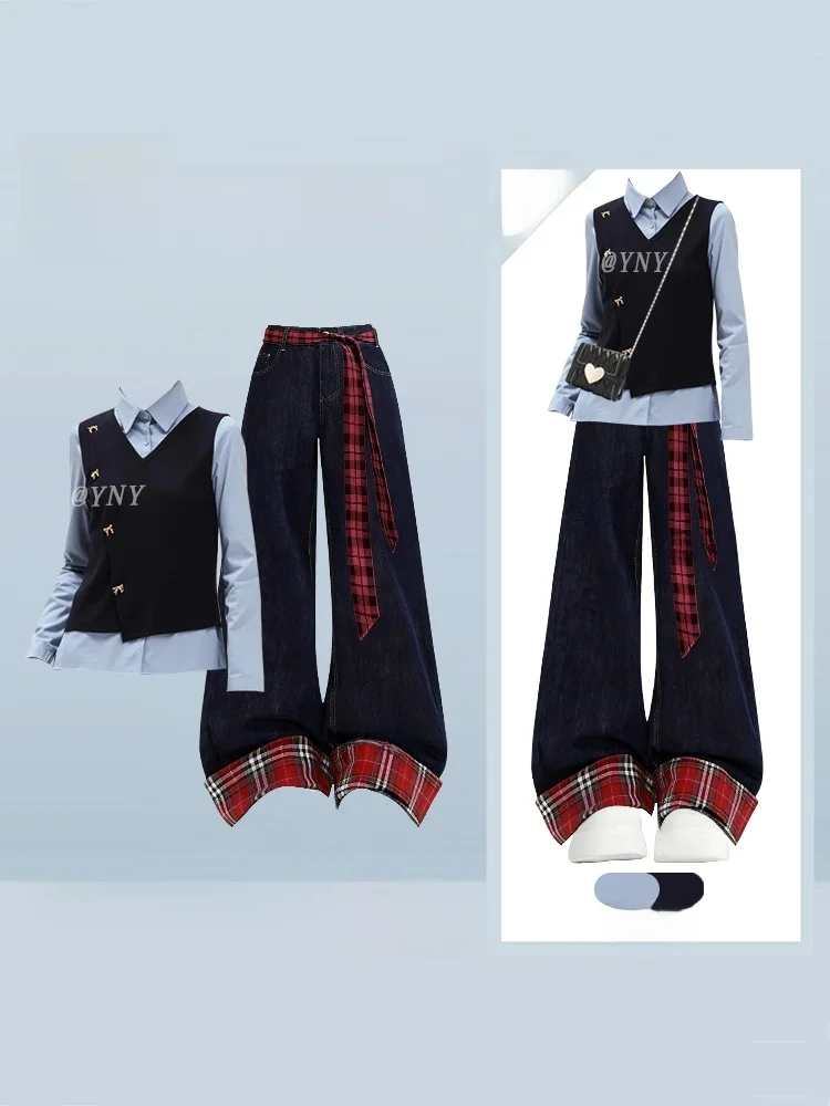 

Winter Design Sense Color Blo Set Women's Denim Wide Leg Pants Aosphere Clothing Long Sve High Waist Knitted irt