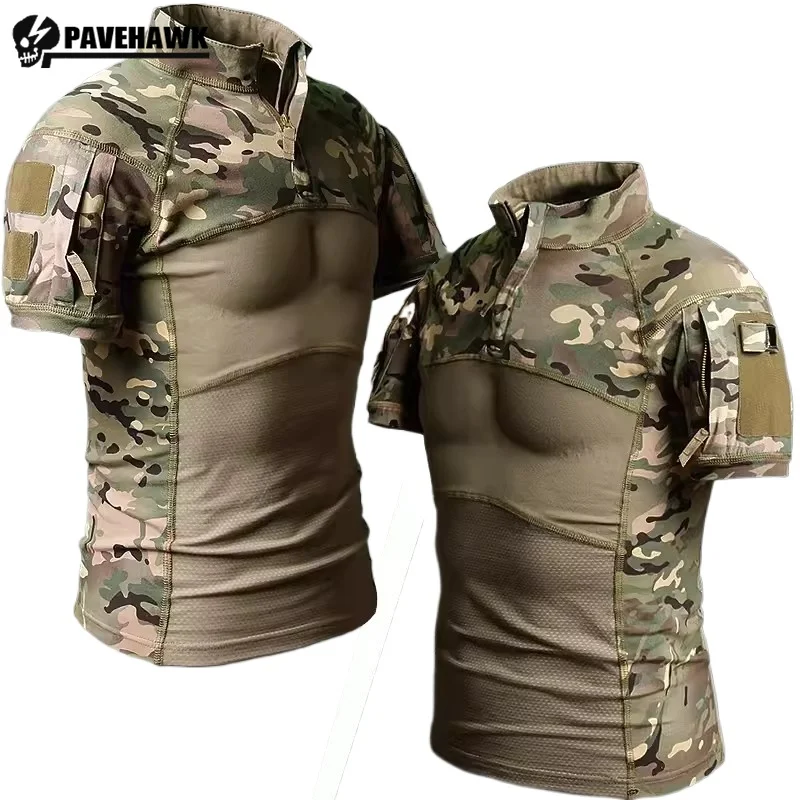 Summer Field Combat Tops Half Zipper Knitting Camouflage Patchwork Tactical T-shirt Breathable Elastic Outdoor Training Tees