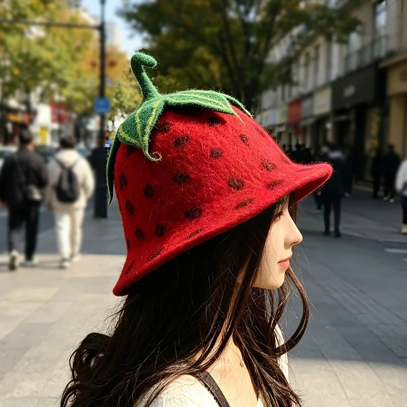 Women's Fashionable Outdoor Strawberry Fisherman's Hat—Handcrafted, Cute, Cartoon-Style, Warm, Everyday, Travel, and Casual Hat