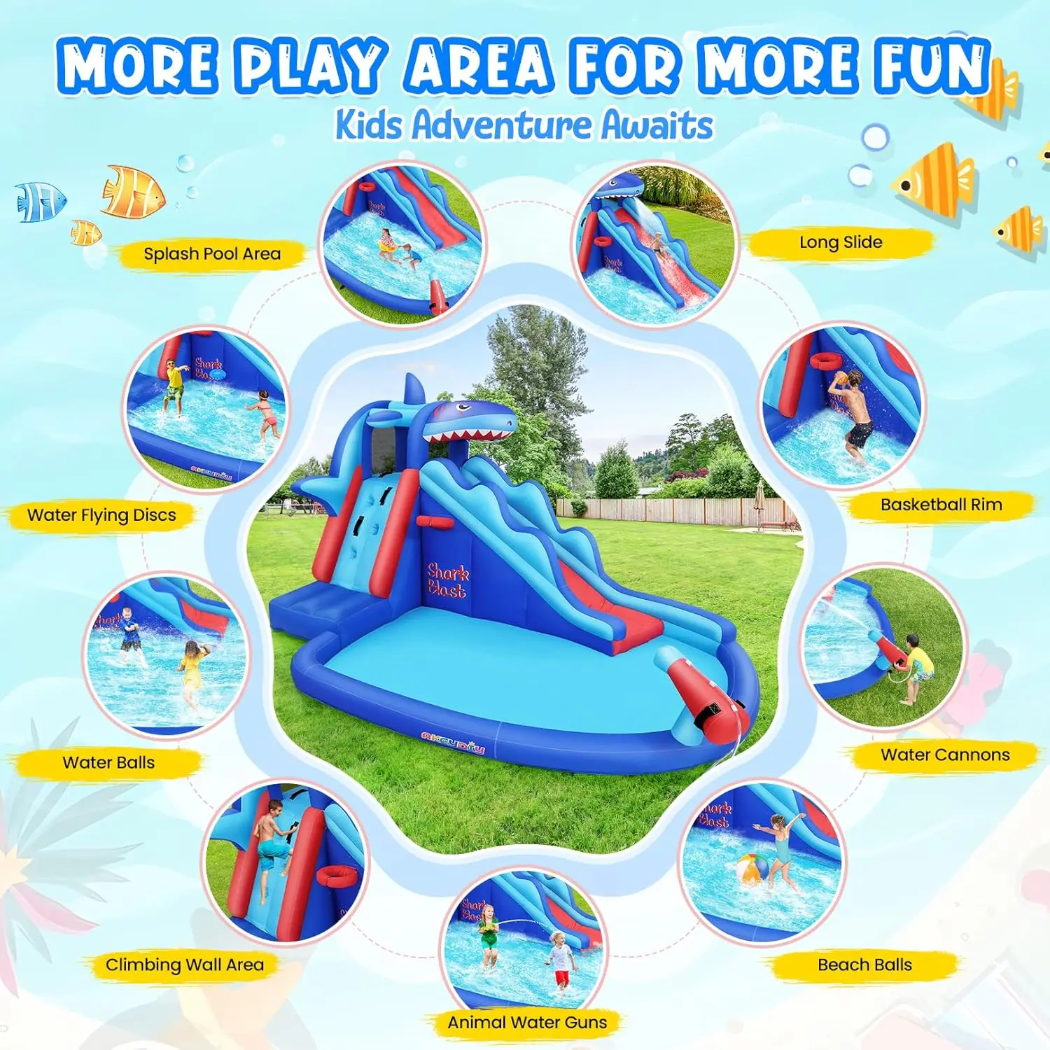 Shark-Themed Inflatable Water Park for Kids: Outdoor Blow Up Water Slides with Climbing Wall, Basketball Rim, Splash Pool & Water Cannon for Backyard Fun view 2