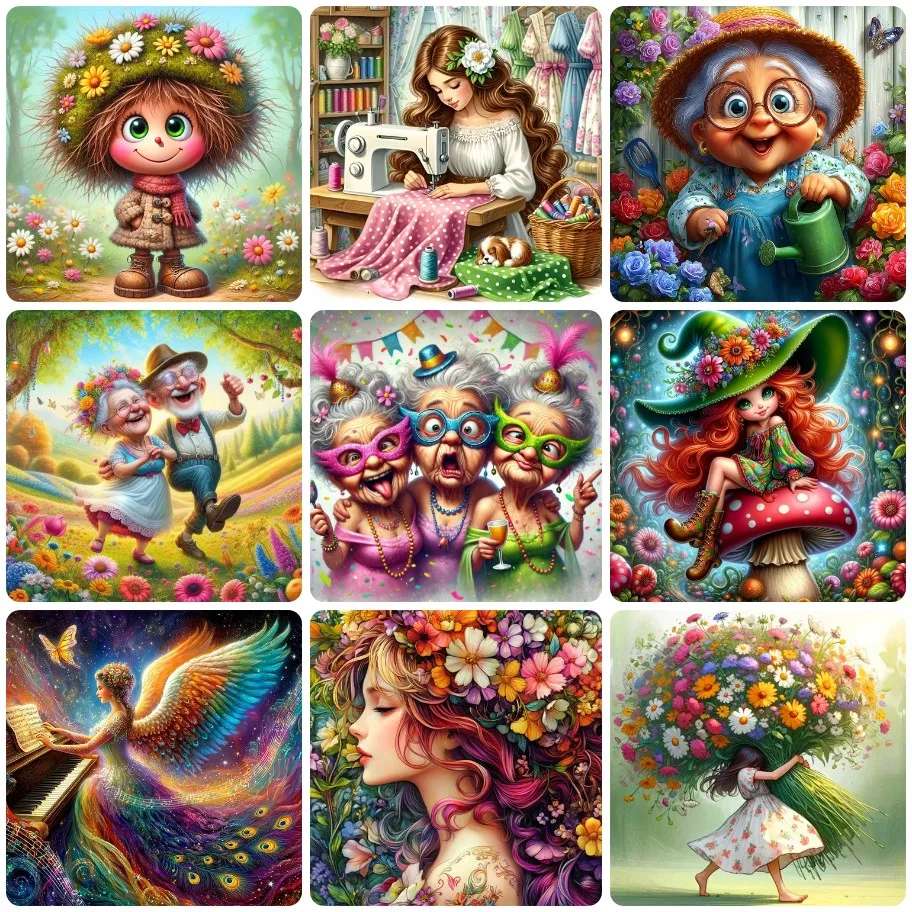 

Cute Fairy Tale Character Jigsaw Puzzle, Sewing Grandma Mushroom Witch Peacock Angel Floral Lady Home Decor Wall Hanging Gift