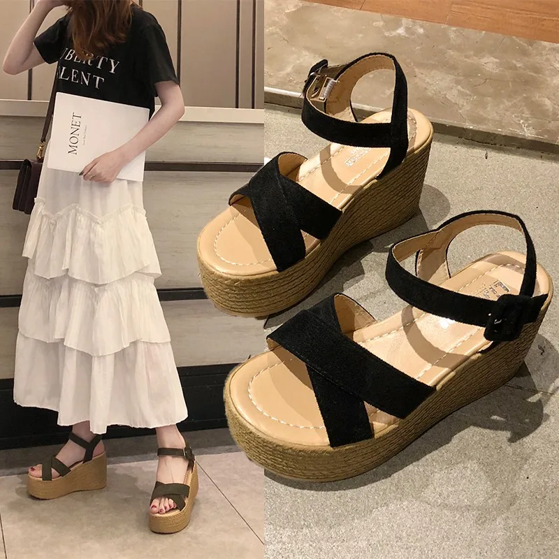 Fashion Womens Shoes 2023 Black Platform Sandals With Heel Suit Female Beige Buckle Strap Muffins shoe Luxury Espadrilles