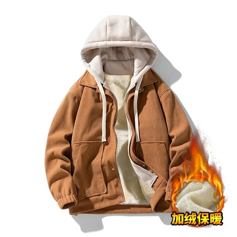 Men's Corduroy Patchwork Cap Baseball Jacket, Men's Autumn and Winter New Loose Leisure Fleecing Thickening Warm Lapel Jacket