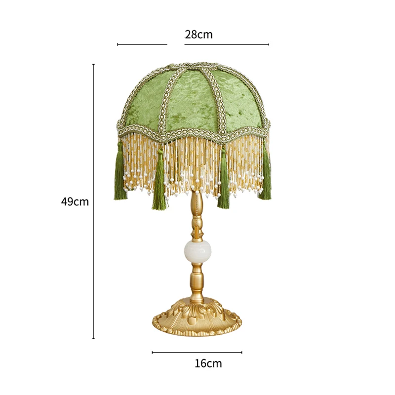 French Retro Tassel Table Lamp for Bedroom Vintage Green Fabric Desk Lamps Bedside Living Room Decor Night Stand Light Fixtures