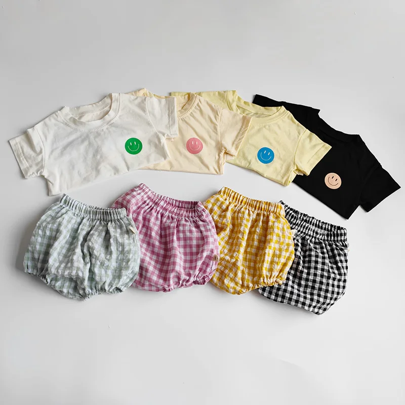 Camiseta de bebê e calça florer xadrez, terno infantil, meninos e meninas, estilo coreano, outwear casual para crianças, verão, 2 peças