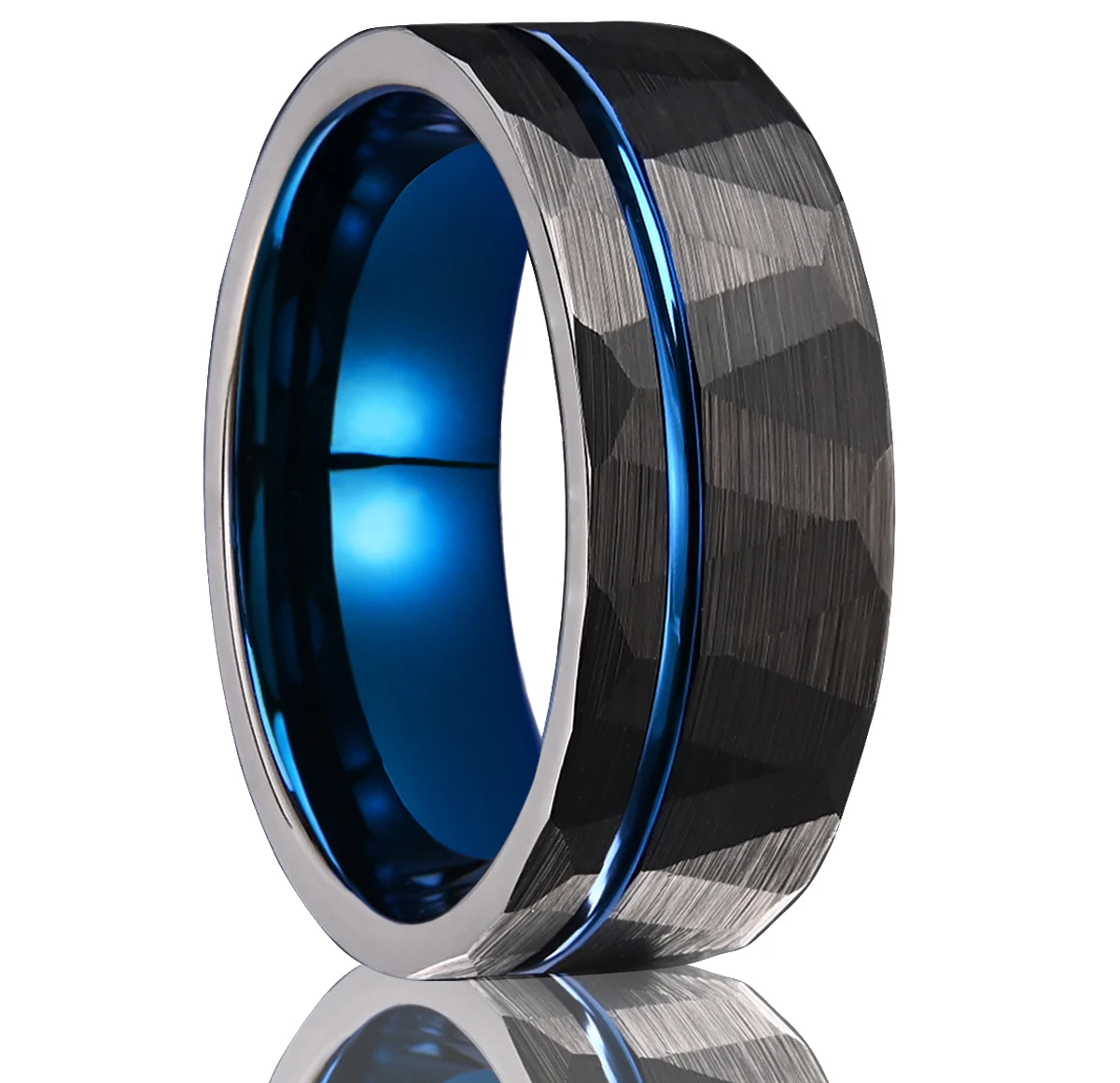 8mm black hammered tungsten steel ring, blue men's wedding ring, fashionable and simple style comfort fit daily gathering