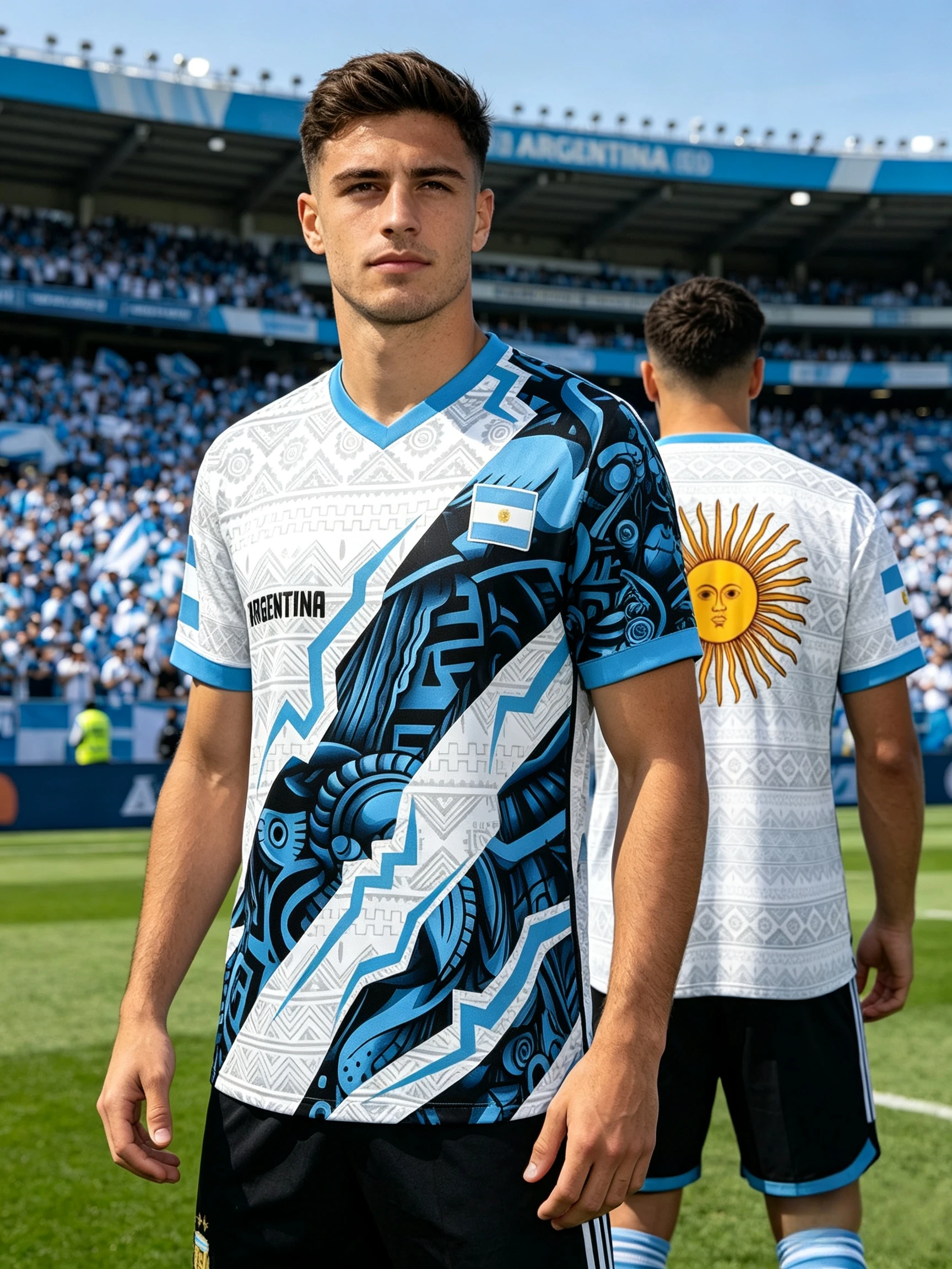 Argentina Totem Sun Graphic Training Jersey Men, Breathable Quick‑Dry V‑Neck Tee, Ethnic Streetwear Top for Football Vacation