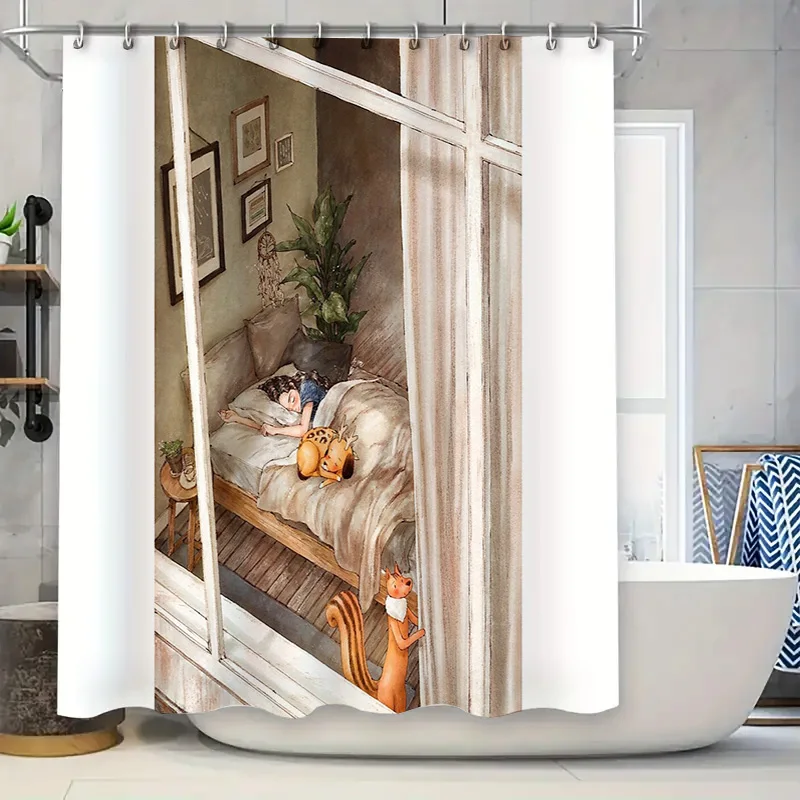 

Cute Cat Sleepy Kitten Bathroom Shower Curtain Woodland Animal Pet Lover Decor Waterproof Fabric