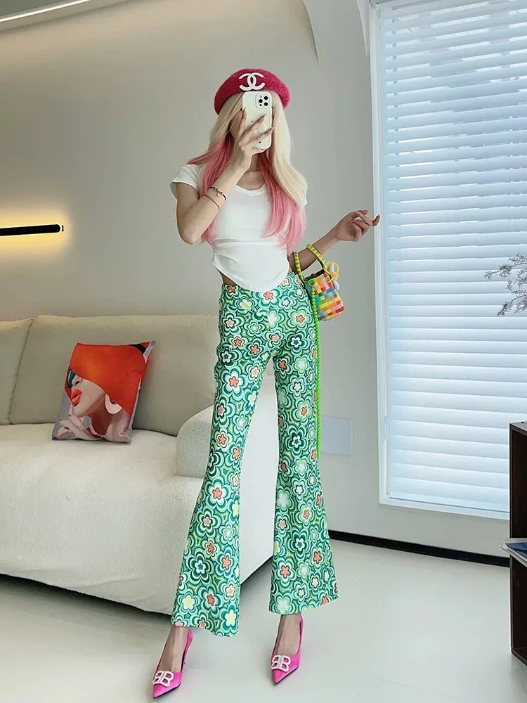 Y2K women summer thin ice silk flare pants capris print spring autumn chic streetwear party night club lady ins boho trousers