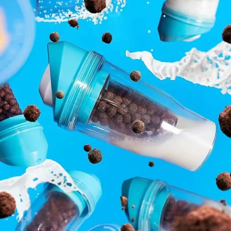 كوب إفطار محمول 2 في 1 للحليب والحبوب كوب منفصل جاف ورطب على الذهاب حاوية حليب الشوفان البلاستيكية للاستخدام اليومي #4