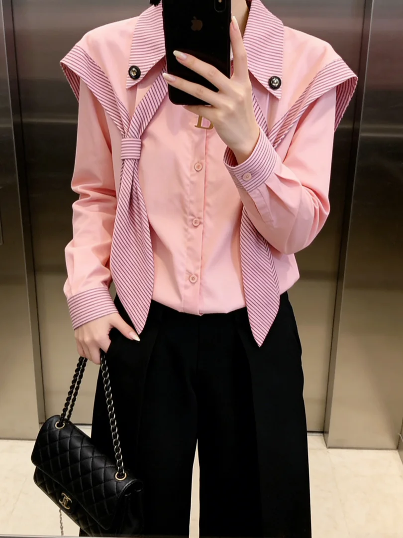 

Уникальный розовый полосатый топ в корейском стиле, красивый повседневный свободный крой, с длинными рукавами и отложным воротником, весенний.