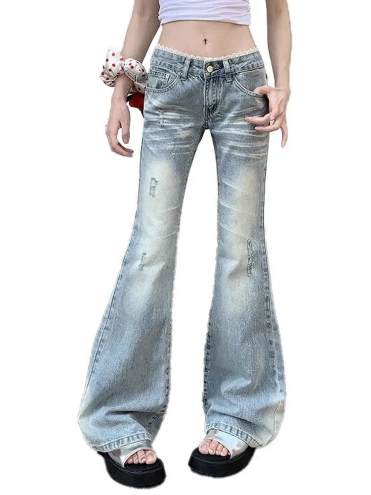 

Women High Waist Flare Jeans Light Blue Wash Distressed Ripped Denim Pants Vintage Bell Bottom Bootcut Trousers
