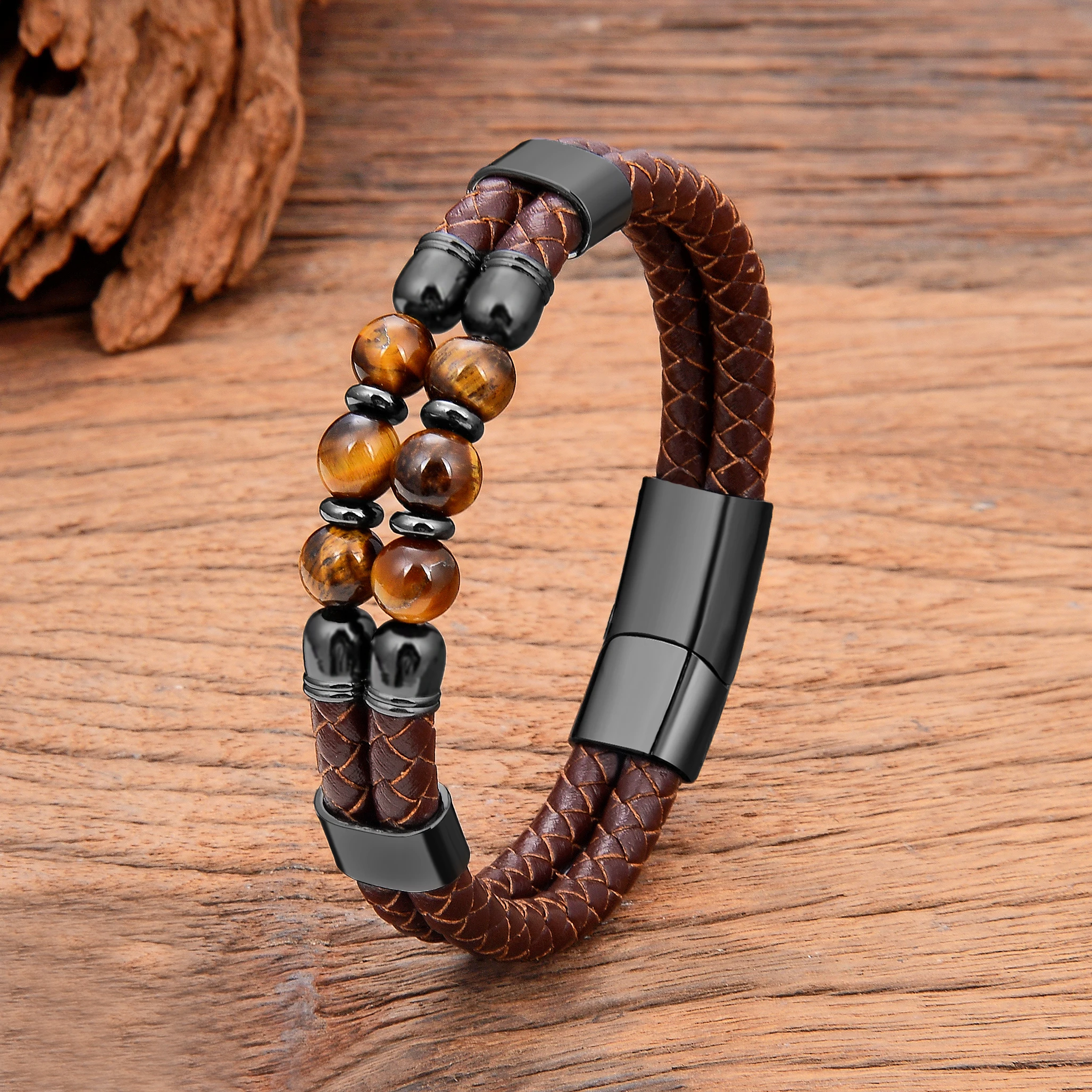 New in Natural Quartz Bracelet for Man Women Stainless Steel Buckle Tiger Eye Stone Beaded Premium Jewelry and Accessories