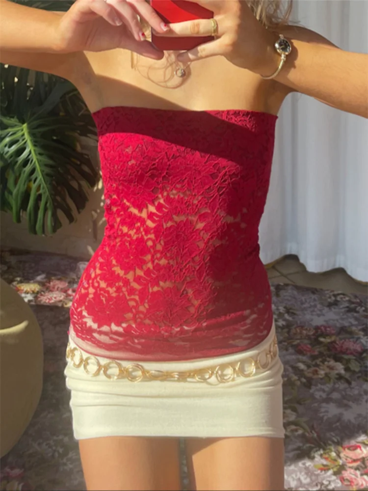 المرأة الدانتيل أنبوب القمم الأزهار انظر من خلال قبالة الكتف أكمام عارية الذراعين سليم المحاصيل تانك القمم الصيف الشارع الشهير #4