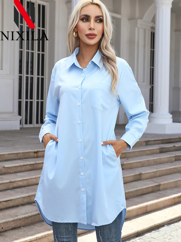 Nieuwe lente elegante blouse stijlvolle vrouwen revers hals shirt met lange mouwen losse effen split zoom tops oversize OL werk blusas kleding