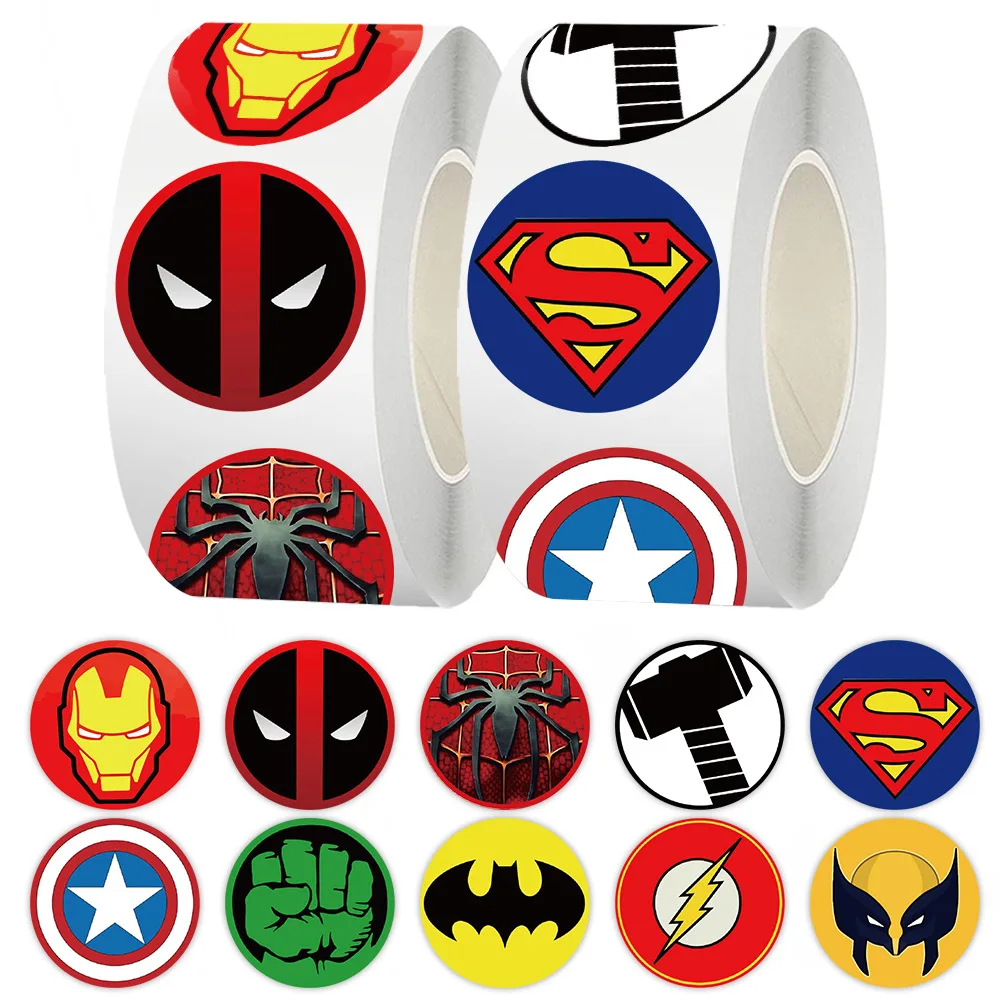 500 uds/rollo de pegatinas de sellado con logotipo de superhéroe de Marvel de dibujos animados DIY PVC pegatinas para ordenador portátil decoración recompensa regalo juguete