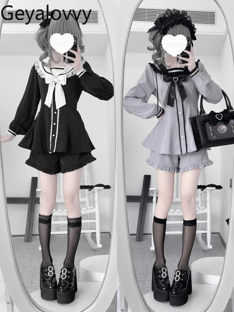 

New Spring Summer Mine Series Color Matching Long-sleeved Lapel Slim-fit Shirt and Shorts Japanese Sweet Girl Two-piece Set