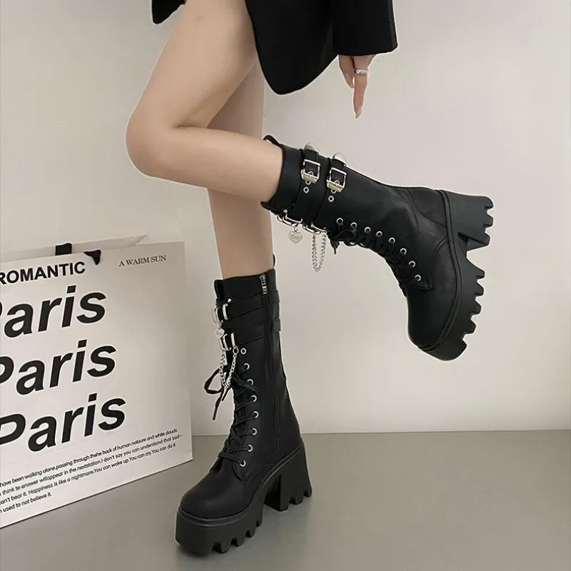 Women\'s Punk Gothic Boots 2023 Fashion Buckle Chain High Heels Mid Calf Boots Women Black Pu Leather Plus Size 42 Autumn Botas