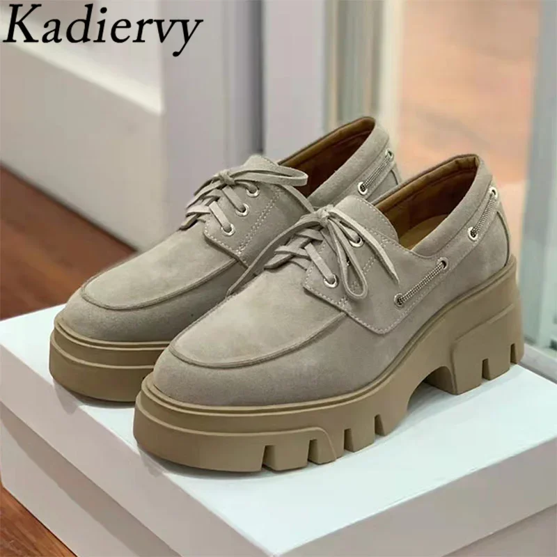 

Cow Suede Thick Sole Shoes Women Round Toe Lace Up British Style Shoes Woman Height Increasing Platform Shoes For Women