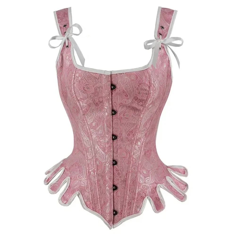 Pink Brocades Gothic Corset with Should Strap Women Medieval Renaissance Overbust Bustier