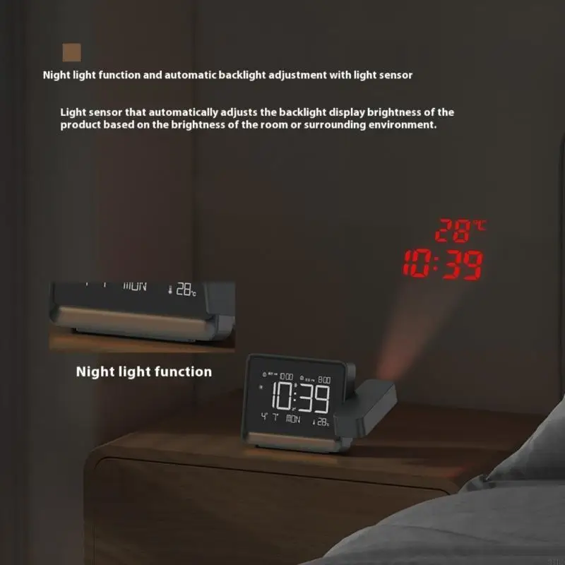  Projection Clock for Bedroom Ceiling, Alarm Clocks with 180° Rotatables Projectors, Date Temperature and Weekday Weekends