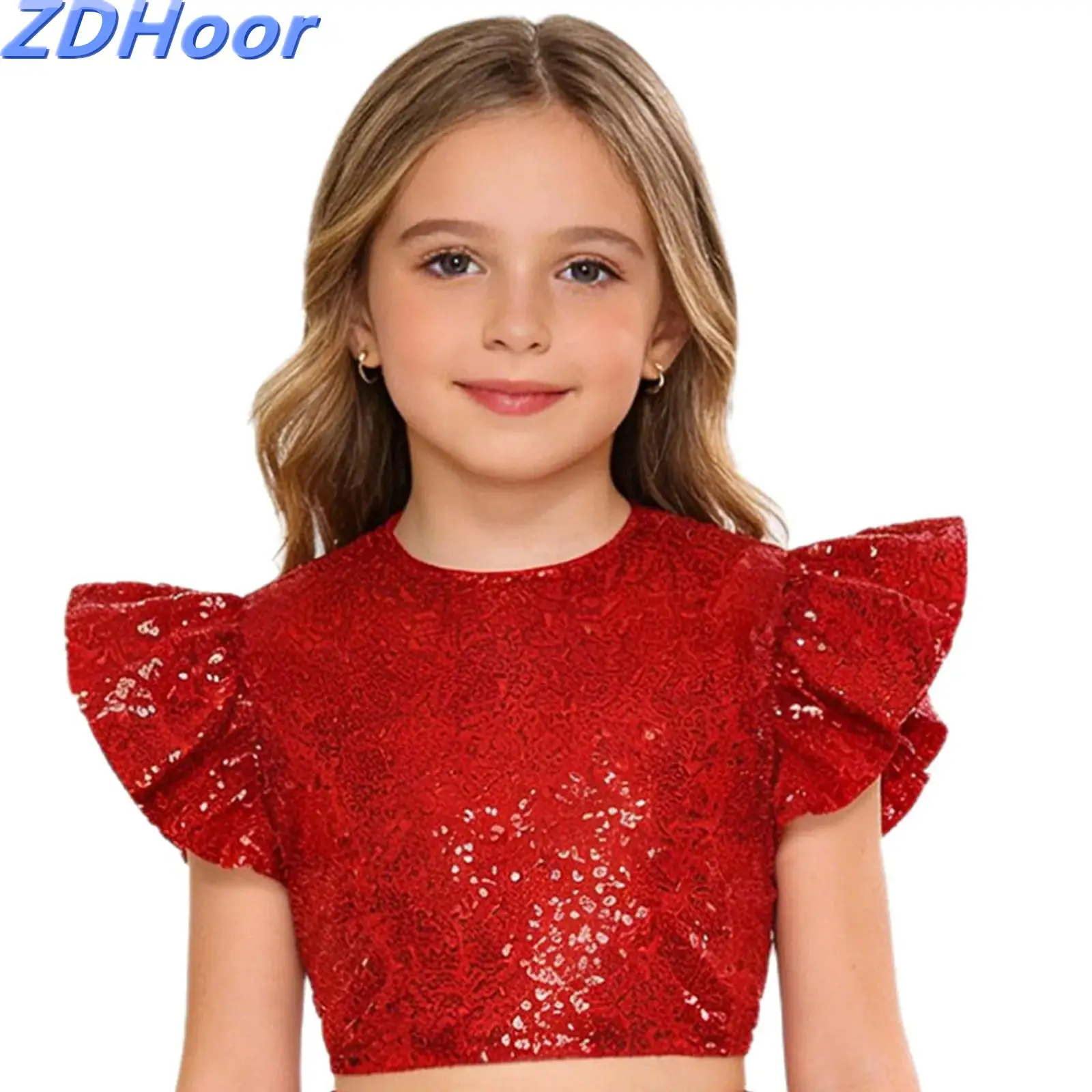 

Kids Girls Sequins Dance Tops Crew Neck Ruffled Fly Sleeve Back Hidden Zipper Fully Lined Blouse Top for Birthday Party