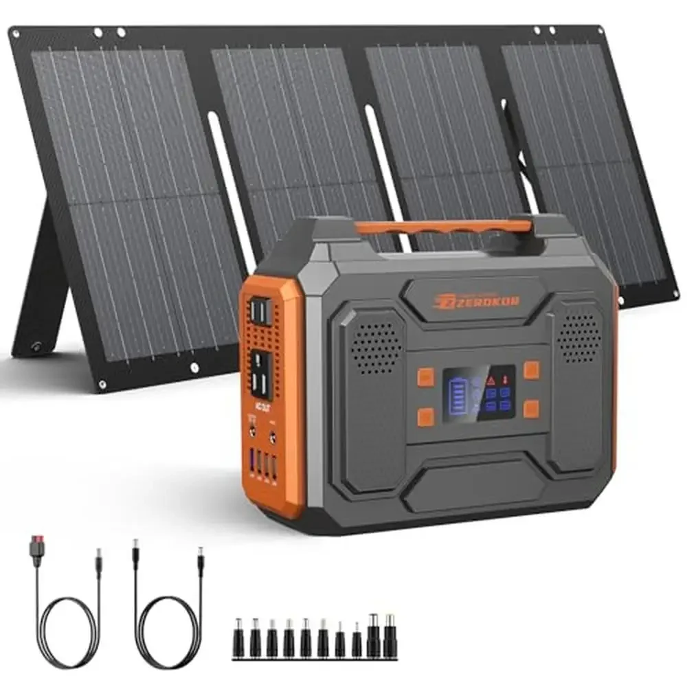 Portable Solar Generator 300W Power Station with 60W Solar Panel Pure Sine Wave Lithium Battery Pack AC/DC Outlets USB Ports SOS