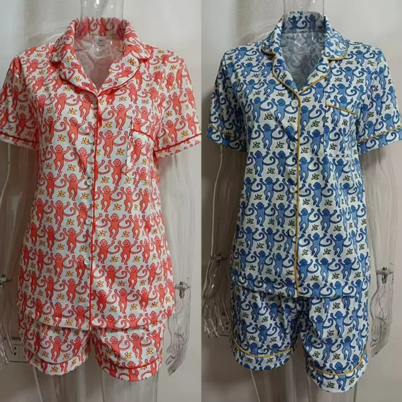 

Пижамы с изображением обезьяны, женский пижамный комплект с принтом, женская рубашка с коротким рукавом, шорты, повседневная одежда для сна, домашняя одежда, летняя домашняя одежда