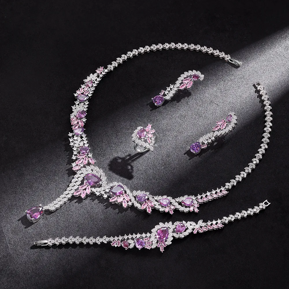 4 Piece Luxury Bridal Jewelry Set Dubai Nigeria Indian Cubic Zirconia Necklace Earring Bracelet Set For Wedding Party Jewellery