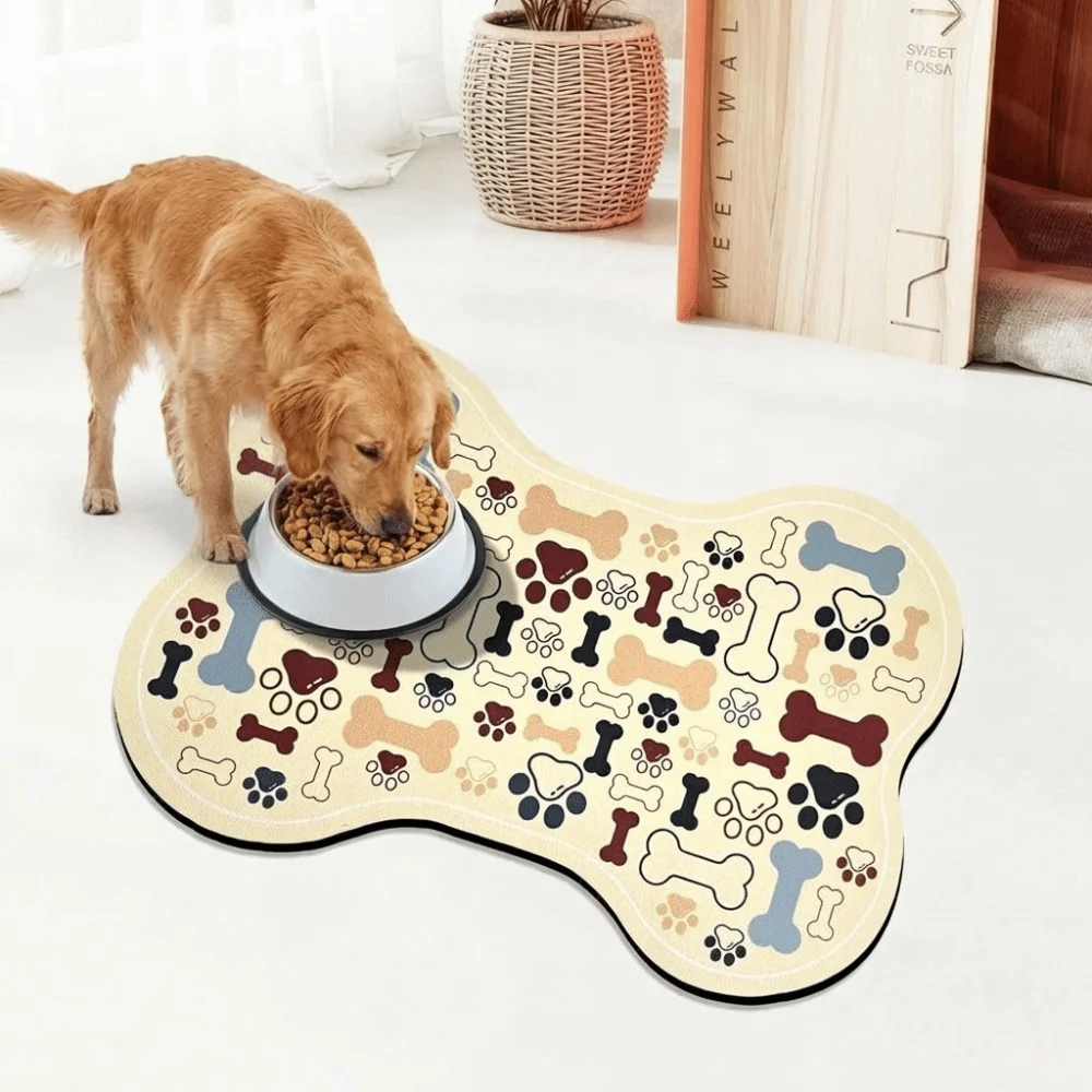 Geometric Fishbone Paw Print Dog Feeding Mat Quick-Dry Placemat Water Bowl Pad Non-Slip Pet Food Bowl Pad Pet Feeding