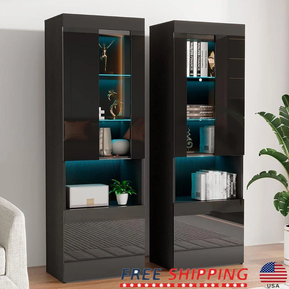 

71-дюймовый высокий книжный шкаф, шкаф для хранения со стеклянными дверцами, светодиодная книжная полка, регулируемые 3-уровневые полки, современная мебель для гостиной