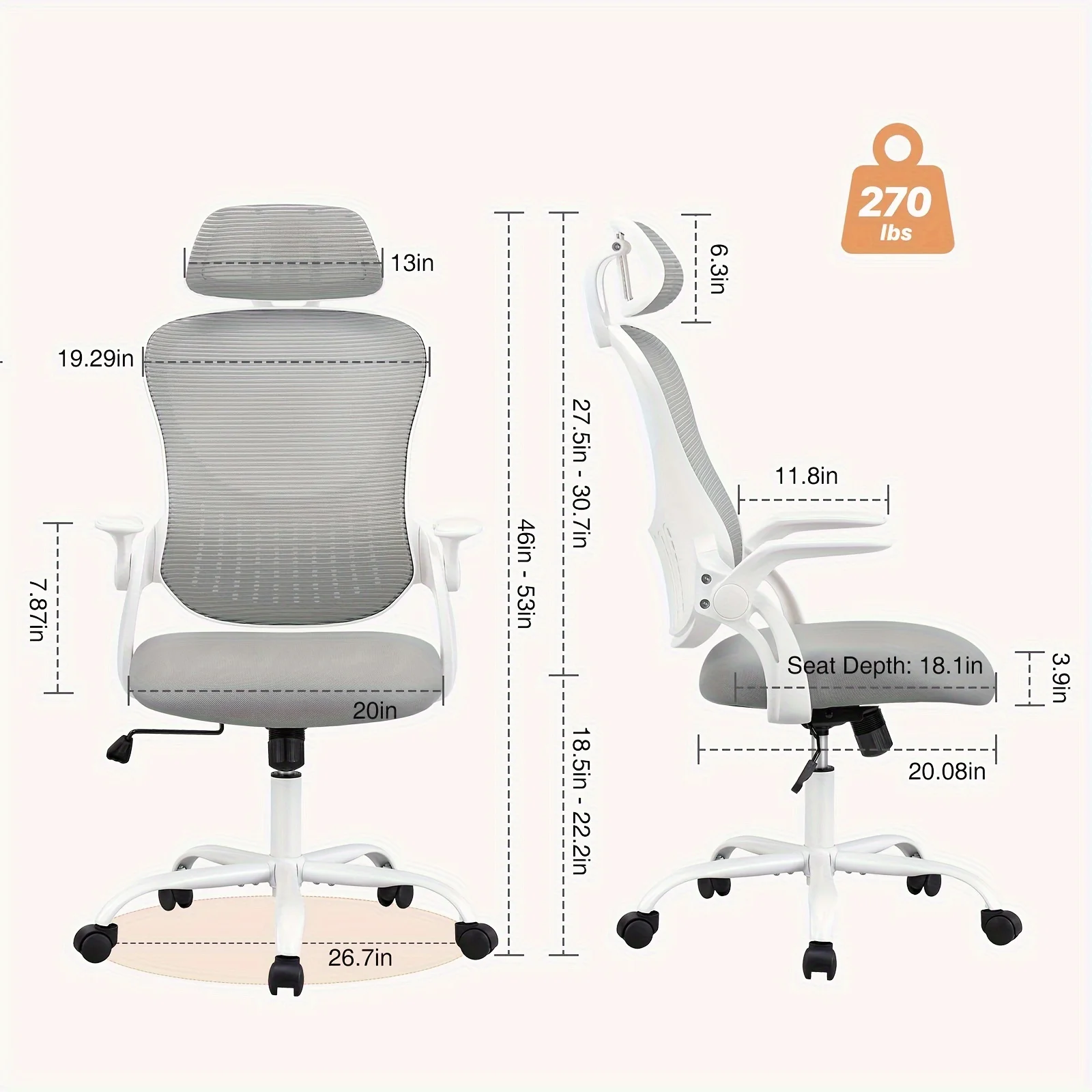 Ergonomic High Back Mesh Home Office Computer Chair, Rolling Desk Chair with Wheels, Adjustable Headrest, Lumbar Support & Flip-Up Arms for Bedroom Study