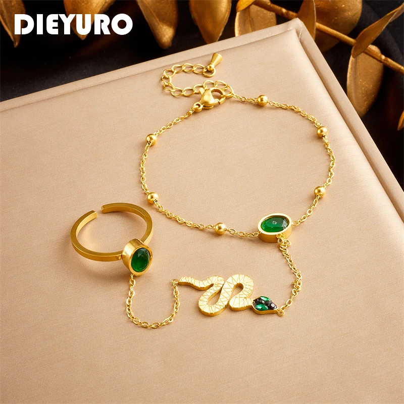 

DIEYURO 316L Stainless Steel Green Zircon Snake Finger Ring Chain Bracelet For Women Girl Fashion New Jewelry Lady Gift Party