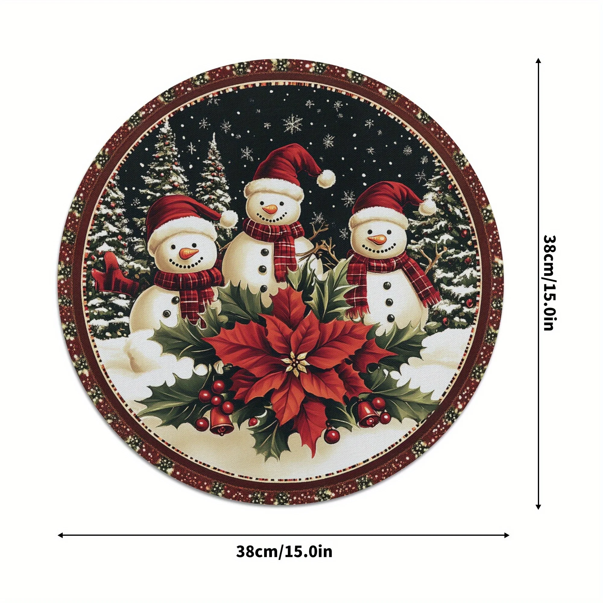 VIKAMA Round Placemats 4pcs Snowman Santa Hat Poinsettia Snowy Night Table Mats Cozy Holiday Dining Table Decor Dinner Party