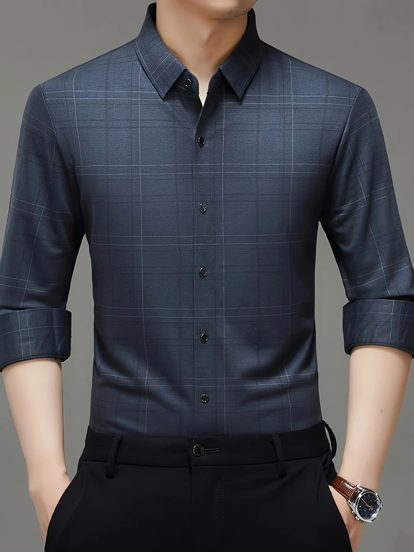 Men Wine Purple Plaid Brushed No Trace Stretch Business Short Sleeve Shirt