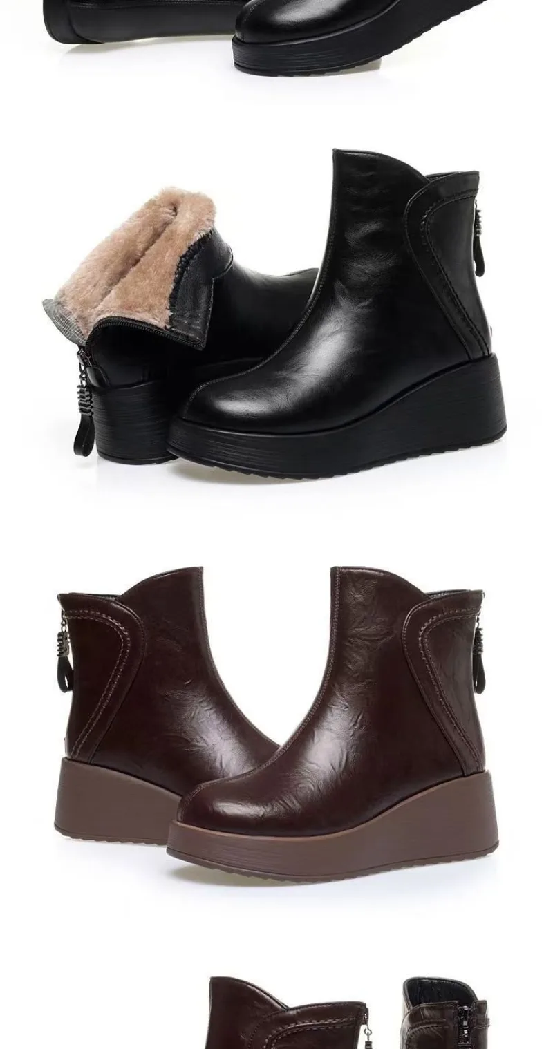 Runde Zehenpartie, Keilabsatz, Stiefeletten, Reißverschluss hinten, Vintage-Design, weiches Leder, mit Fleece gefüttert, Damen-Winterstiefeletten. – Detail 6