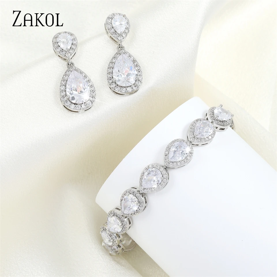 ZAKOL Fashion Water Drop Full Zircon Jewelry Sets for Women Luxury Shiny CZ Earring Bracelet Set Bridal Wedding Accessories