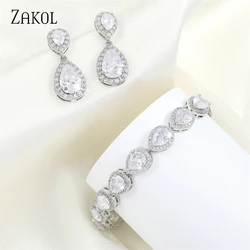 ZAKOL Fashion Water Drop Full Zircon Jewelry Sets for Women Luxury Shiny CZ Earring Bracelet Set Bridal Wedding Accessories