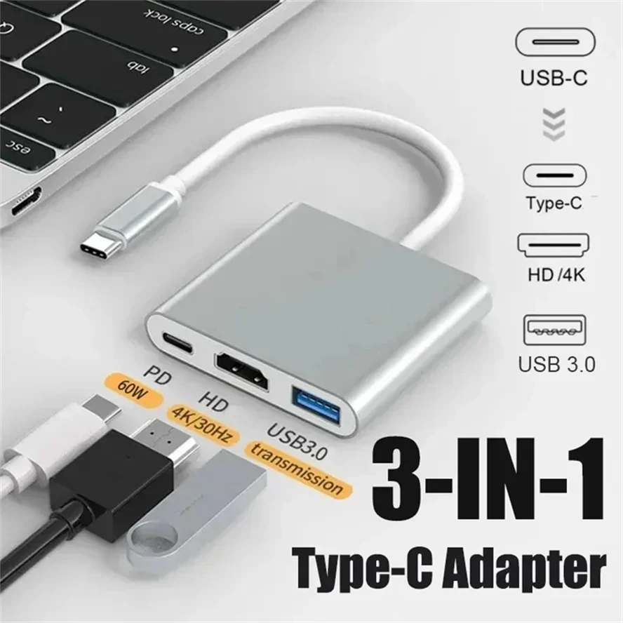 USB C HUB 3in1 نوع C 3.0 إلى HDMI محطة إرساء متوافقة PD شحن سريع 4K HDMI محول الفاصل للكمبيوتر الهاتف ماك بوك