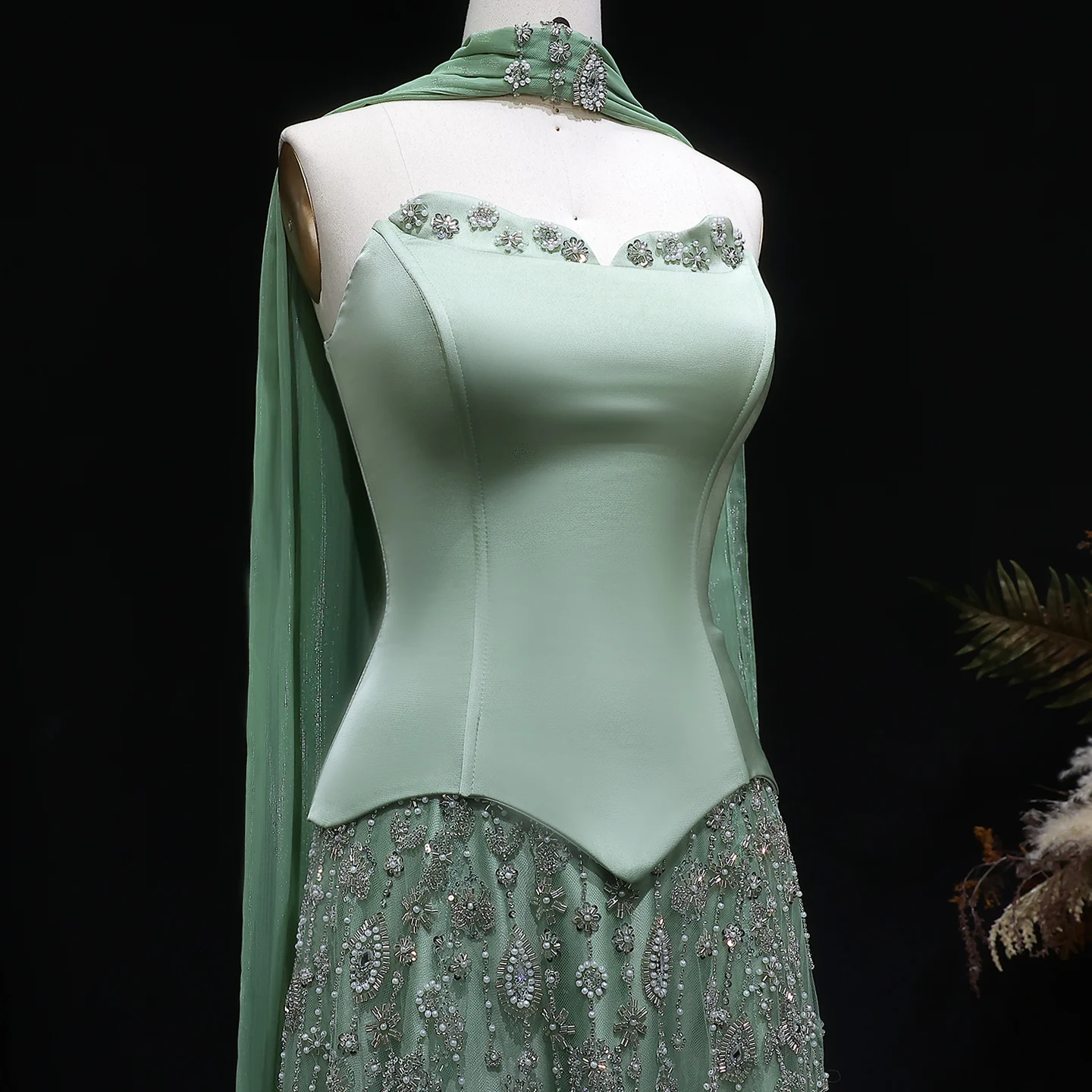 Sharon Said Arabisches Champagner-Perlen-Perlenbesetztes A-Linien-Abendkleid Schulterfrei mit Schal Damen Hochzeitsfeierkleid SS627 Maßanfertigung – Detail 8