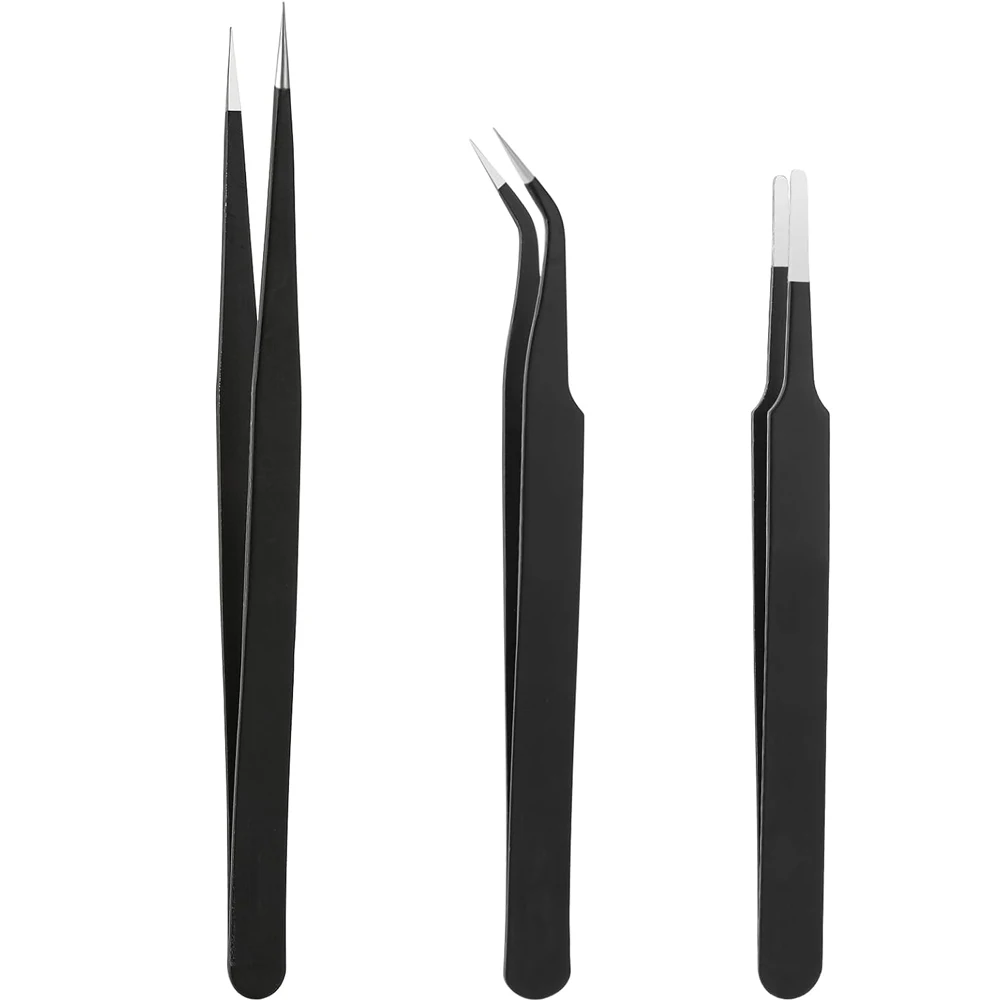 Precision Tweezers Set Anti-Static Stainless Steel Tweezers Flat Bent Tip ESD Tweezers Kit for Jewelry Stamps Beads Making