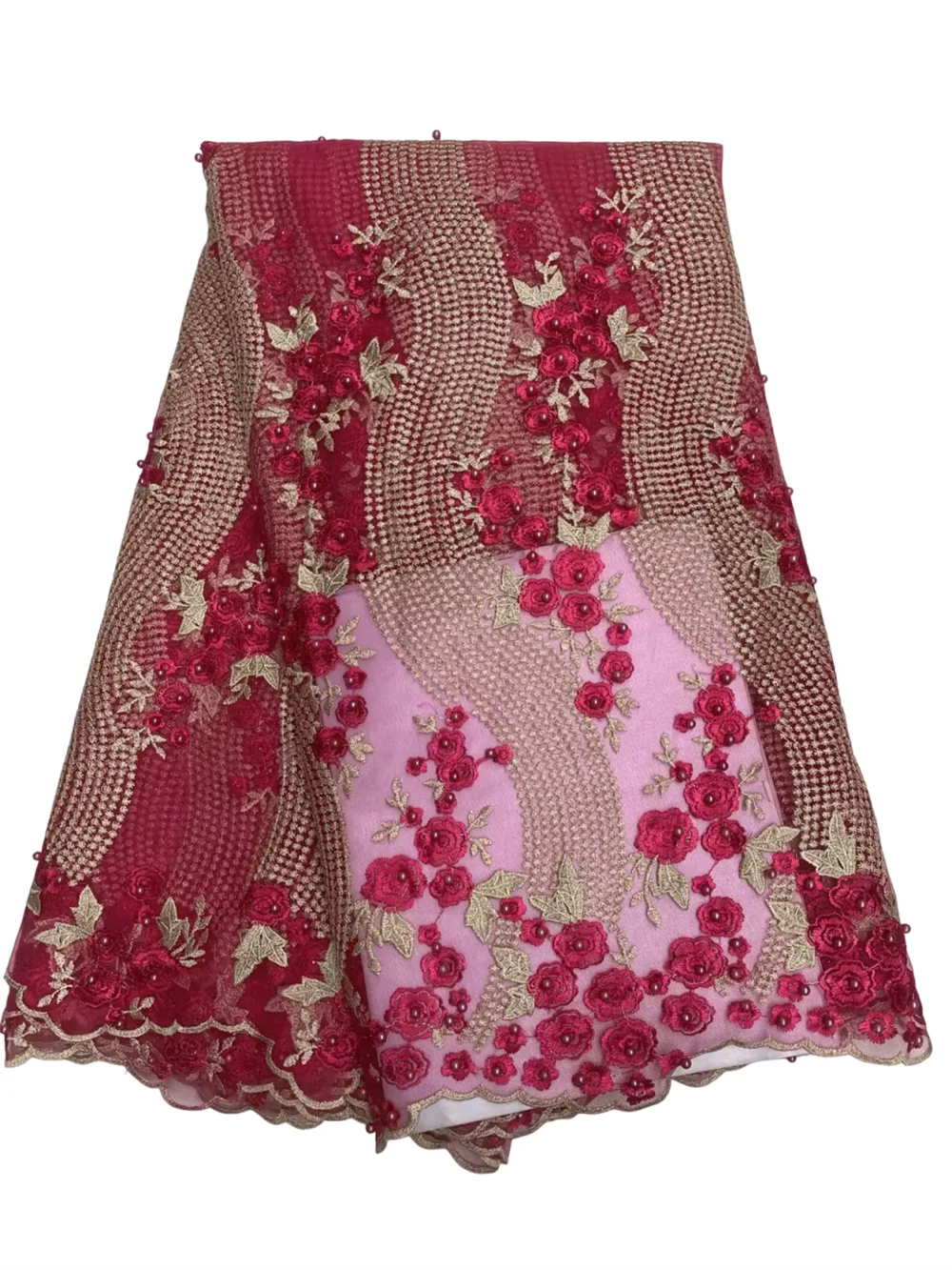 5 Yards Hot 3D flower Style French Lace With Bead African Tulle Cord Guipure Lace Net Embroidered Fabric For Women Wedding Party