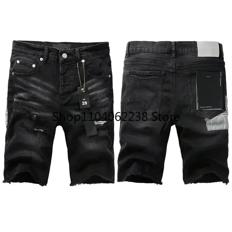 

New Top Quality Purples Men Jeans Shorts Black brands Denim Shorts Summer Holes BUTTON Shorts pants Male Stretch Fit Denim Jeans