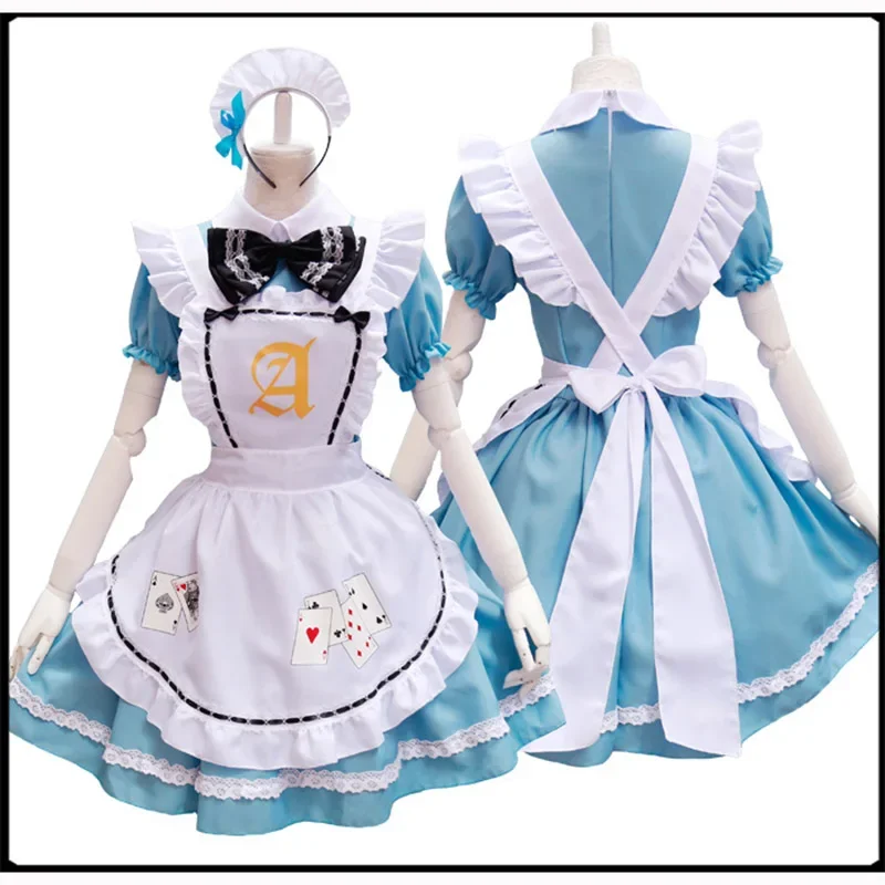 Disfraz de Lolita para niñas y mujeres, vestido de sirvienta con cartas de juego de Alicia azul, disfraz de escenario para fiesta de mucama de póquer Alice