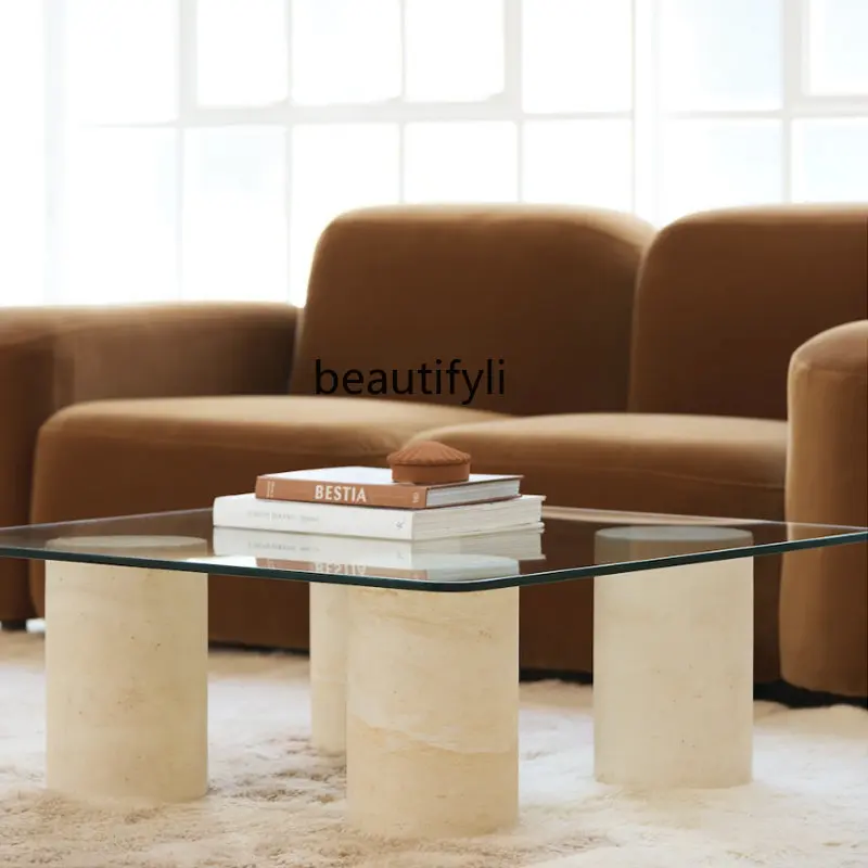 zqNordic Minimalism Limestone Tempered Glass Coffee Table Creative Living Room Sofa Square Coffee Table