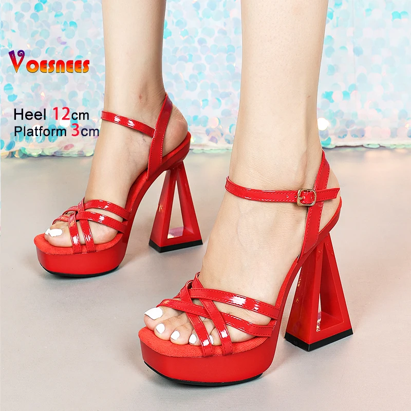 

12CM Women's Square Toe Thick Platform Sandals Fashion Narrow-band Solide Strange style High Heels Summer Banquet Party Shoes