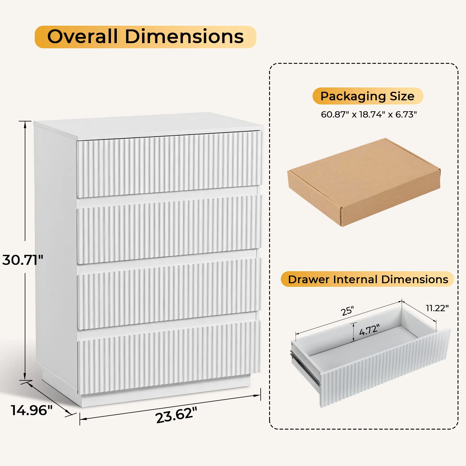 Modern White Fluted 4‑Drawer Chest of Drawers, Tall Vertical Reeded Front Storage Dresser, Freestanding Drawer Storage Cabinet for Bedroom Living Room Home Furniture