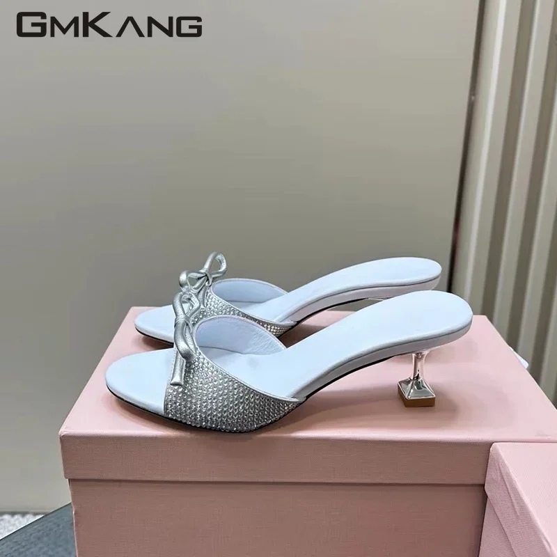 Luxury Quality High Heel Model Sandals Women Satin Crystal Bowknot Slides Lady Summer Dress Women's Slippers Zapatillas Mujer