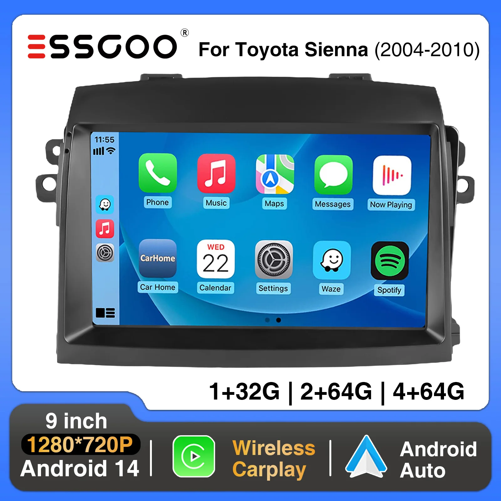

ESSGOO 9" Carplay Android Auto Car Stereo Multimedia Player For Toyota Sienna 2004-2010 Radio Android 13 GPS Navi Wifi BT FM SWC