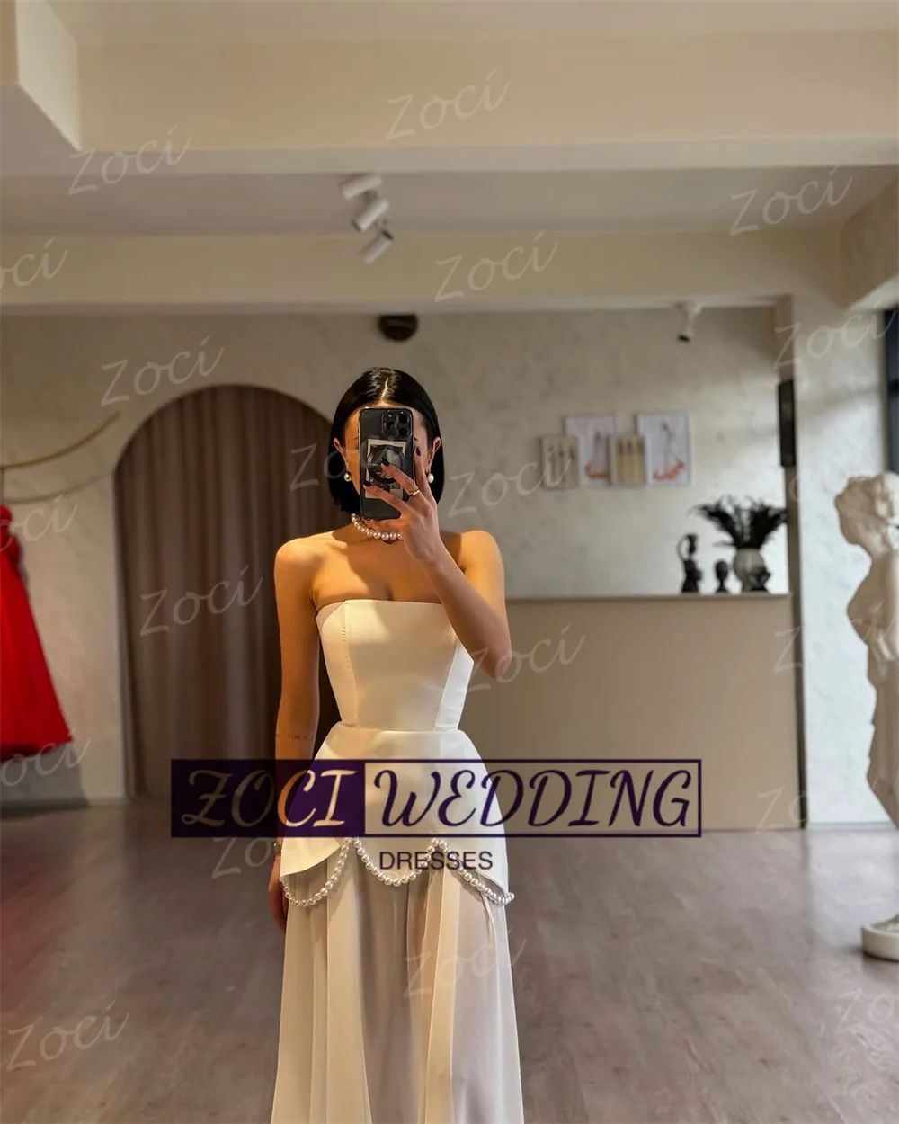 Zoci Modern Strapless Prom Dressess Pearls Beaded Backless A Line Chiffon Special Occasion Evening Gown Women Wedding Party Gown image 4